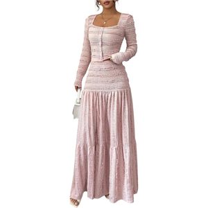 Ensemble jupe longue et haut boutonné pour femme, taille haute, col carré, froncé, coupe évasée, manches longues, jupes fluides, usage quotidien - Product Image 2