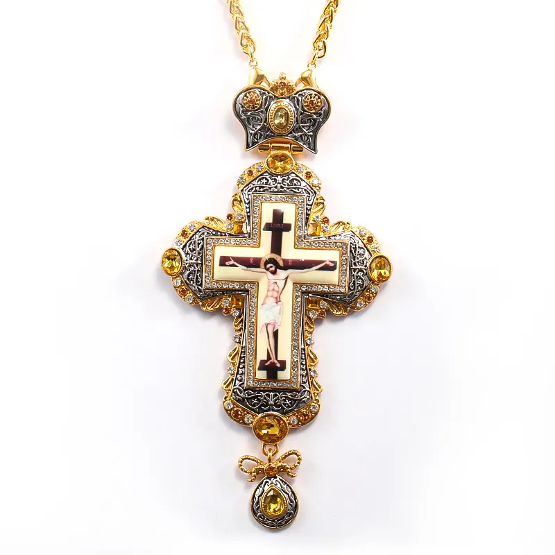 Православное религиозное золотое и черное покрытое пистолетом ожерелье с грудным крестом и желтыми камнями на заказ