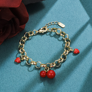 Vòng tay nữ mạ vàng 14k kiểu dáng quả anh đào đỏ thời thượng, có thể điều chỉnh kích thước, bán buôn CM Wholesale Brass Jewelry - Product Image 3