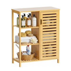Mobiletto Laterale in Bambù, Armadietto da Bagno con Anta e 3 Ripiani Aperti - Product Image 1