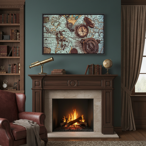 Antique World <b>Map</b> Art Deco Panel Print Brass Compass Hanging Wall Art Clear Framed Canvas - Product Image 3