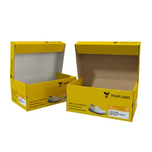 Caja de zapatos plegable amarilla con estampado de marca, caja de zapatos para zapatillas con logotipo personalizado, cajas de zapatos para zapatillas de papel corrugado