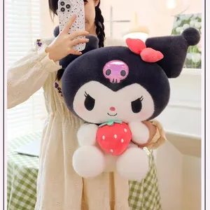 New Sanrioes Anime Kuromi Holding Strawberry Dress Stuffed Plush Toy Kuromi Little Devil Melody Doll Birthday