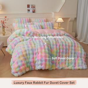 Ensemble de housse de couette en fausse fourrure de lapin moelleux ensemble de literie à bulles Shaggy confortable arc-en-ciel 1 housse de couette floue + 2 taies d'oreiller - Product Image 2