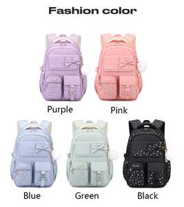 Nuovo Zaino Scolastico 2026 per Bambini con Stampa Floreale Viola Pastello, Fiocco e Ciondolo a Palla in Peluche, Impermeabile - Product Image 2