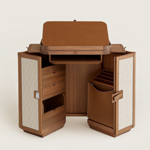 Commode secrétaire haut de gamme multi-rangements, bureau pliant avec armoire intégrée en bois, cuir et lin pour salon et bureau à domicile - Product Image 1