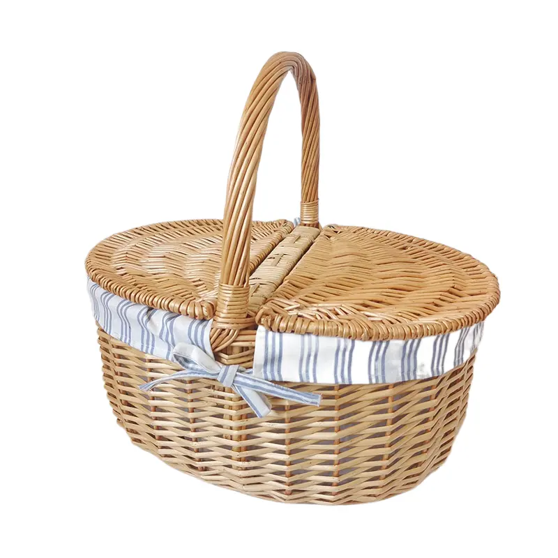 Großhandel handgemachte rechteckige natürliche Wicker Craft Willow Picknick Lagerung Rattan Körbe mit Kühler Holz Schreibtisch