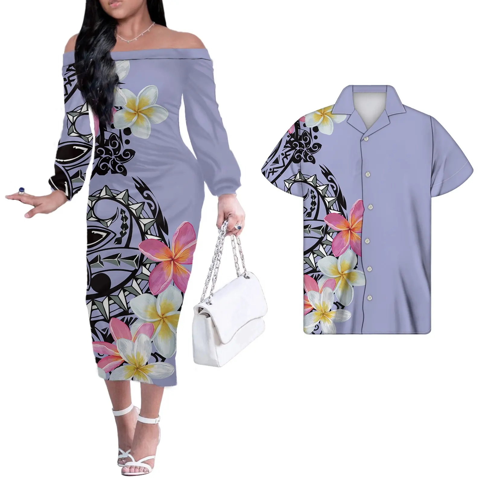 Baju Pasangan Desain Plumeria Samoan Mewah Kustom Baju Wanita Dress Tribal Samos Ungu Sesuai Pesanan Cetak Kustom Kemeja Hawaii