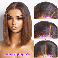 Perruque Carrée Lisse Sans Colle à Double Tirage Cheveux Humains Perruque Lace Front Mèches Ombrées Cheveux Vietnamiens Vierges HD Perruques Frontales Full Lace