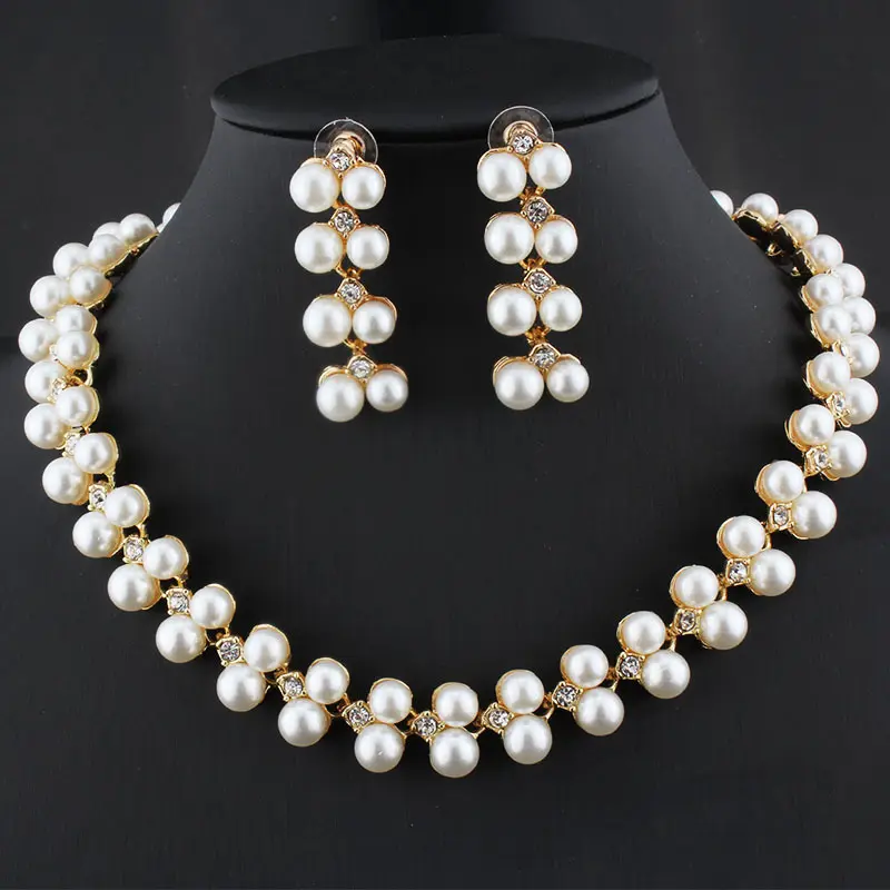 Aug Jewelry 2-piece Set of Bridal Necklace and Earrings Hollow Ladies Set Wedding Bridal Jewelry Set Imitation Pearl Alloy