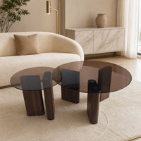 Ensemble de 2 tables basses gigognes rondes avec plateau en verre trempé fumé et pieds en MDF imitation bois de noyer, style moderne minimaliste pour salon