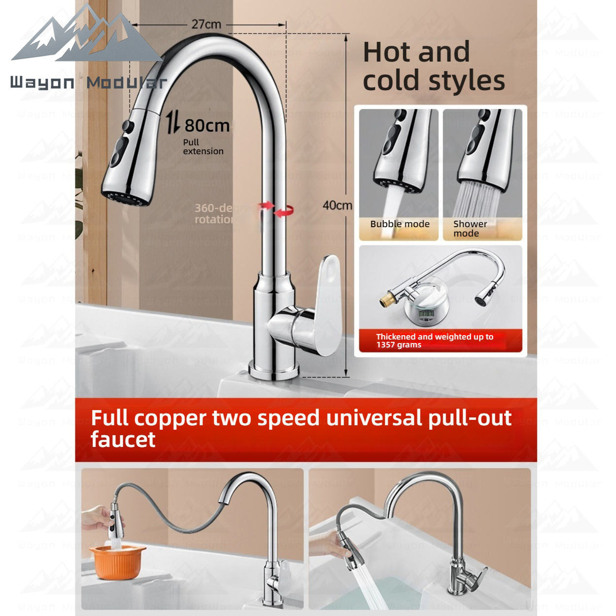 Modèle argenté à deux vitesses, extractible, en cuivre massif, pour eau froide/chaude.