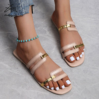 Sandales de plage à bout carré pour femmes, chaussures plates, décontractées, creuses, de couleur unie, à la mode, grandes tailles Offre Spéciale