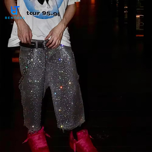 Streetwear Jorts en cristal personnalisés Designer Diamant Strass Ourlet brut vieilli Baggy en jean lavé à la pierre Shorts en jean pour hommes - Product Image 6