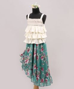 Conjunto de Falda Estampada y Top Bordado para Niñas, Blanco y Azul, Ropa Étnica para Fiestas Infantiles (0-6 Meses a 14 Años) - Product Image 2