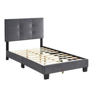 DB 1pc Dark Gray Velvet Upholstered Twin Platform <b>Bed</b> Adjustable Height <b>Headboard</b> Button Tufted Solid <b>Wood</b> Bedroom Furniture - Product Image 5