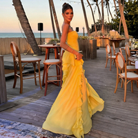 Robe de soirée formelle jaune sans bretelles, froncée et à volants, avec fente haute, élégante, coupe trapèze, longue maxi, décontractée pour les fêtes, la plage et les vacances
