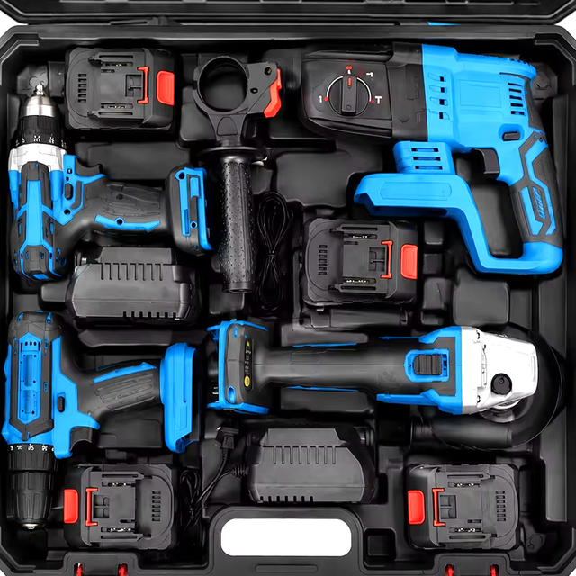 21V 4-in-1 Brushless Cordless Tool Kit Drill Hammer Impact Wrench Angle Grinder Power Tools Set with Battery Case