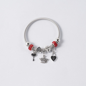 Fashion Charm <b>Bracelet</b> Tibetan Silver Heart Crown Key Lock Pendant Beaded Spring Elastic Bangle Unisex Gift Jewelry - Product Image 5
