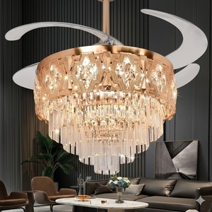 Lustre silencieux à télécommande pour la décoration de la maison, ventilateur de plafond moderne en cristal doré avec pales rétractables - Product Image 3