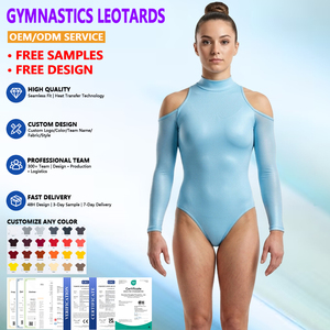 Justaucorps de gymnastique bleu clair personnalisé, col montant, épaules dénudées, pour compétition et entraînement, en Spandex/Coton léger, OEM ODM - Product Image 1