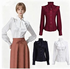 Nouvelle Blouse en Dentelle Froncée <span class=keywords><strong>à</strong></span> Manches Longues pour Femme, Style Lolita, Costume Victorien, Col Montant, Coupe Ajustée, Chemise Boutonnée avec <span class=keywords><strong>Jabot</strong></span> et Nœud - Product Image 1