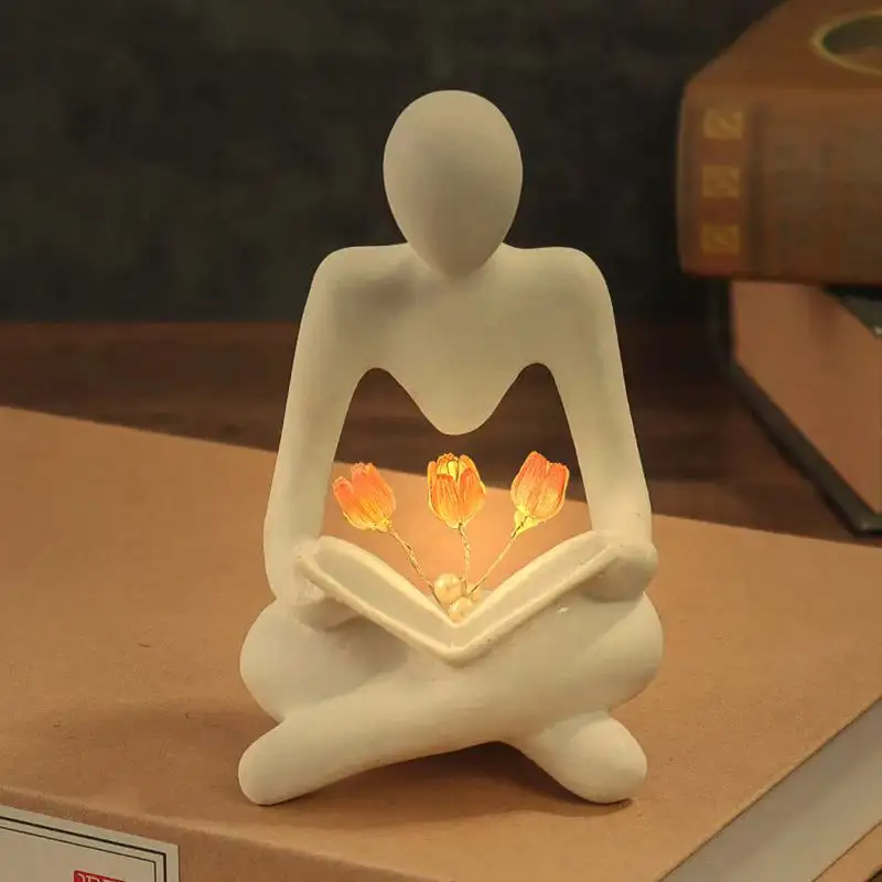 Sala mesa estatueta decoração acentos iluminado tulipa no livro abstrato leitor figura estátua luz pequena resina lâmpada noite