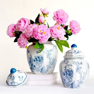 Vintage Chinês Azul e Branco Vasos Handmade Rachado Curto Decoração Antique Ceramic Ginger Jars