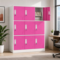 Armoire de rangement moderne en acier rose pour le personnel de bureau et scolaire avec neuf portes verrouillables et structure métallique durable