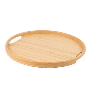Hot Selling Round Bamboo Bottom Handle Service Tray Custom Size Serving Tray For Ottoman Kitchen/Coffee Table