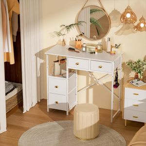 Tocador Blanco sin Espejo, <span class=keywords><strong>Pequeño</strong></span> Escritorio de Maquillaje con 4 Cajones de Tela, Mesa de Maquillaje de 33.5 Pulgadas con Almacenamiento - Product Image 5