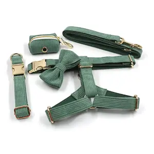 Wholesale Corduroy Pet Suit No Pull Luxury Corduroy Velvet Dog Harness Collar Leash Set with Bowknot for Girls or Boys