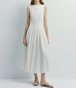 เดรสยาวทรงเอ สไตล์วินเทจ สำหรับผู้หญิง ใส่สบายในฤดูร้อน ระบายอากาศได้ดี สีพื้น ไหล่เปลือย แขนกุด แต่งกระดุม - Product Image 3