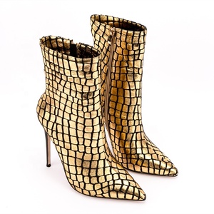 Bottines à talon fin et bout pointu imprimé pierre dorée pour femme, grande taille personnalisée 47, avec fermeture éclair latérale - Product Image 3