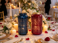 Ensemble de 2 lanternes en métal perforé, lanterne décorative cylindrique dégradée bleu foncé et rouge vin pour la décoration intérieure et extérieure