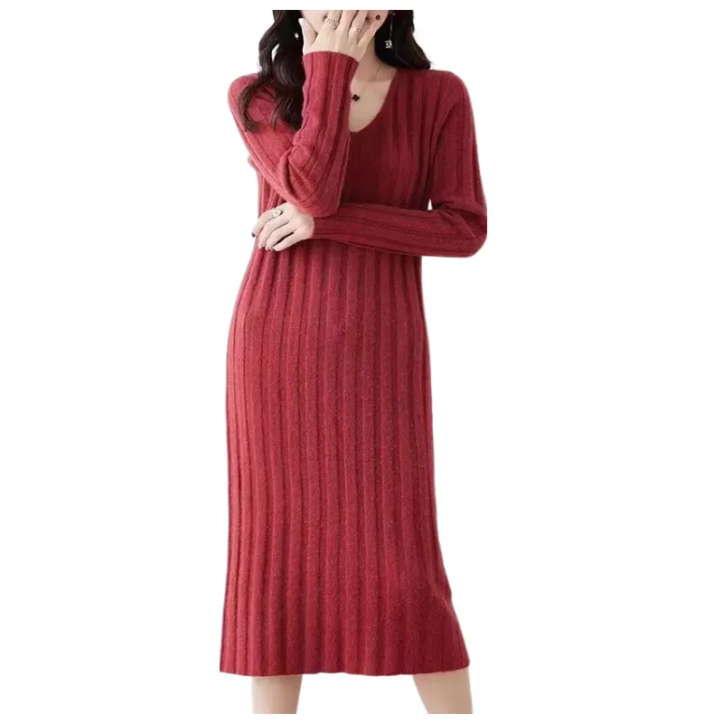 Pull d'hiver à col en V joli design robes longues en tricot pour femmes solide pure laine