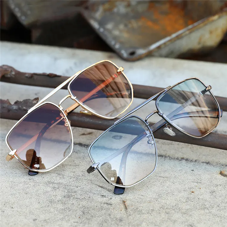 뜨거운 판매 디자이너 럭셔리 레트로 태양 안경 남성 그라데이션 선글라스 금속 광장 편광 선글라스