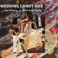Boîtes à bonbons de mariage, boîtes en carton recyclables pliables, logo personnalisé, poignée dorée perlée, ruban, boîte cadeau de mariage