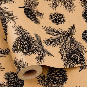 Kraft Christmas Wrapping <b>Paper</b> <b>Roll</b> 17 Inch X 33 Feet Pinecone Pattern Brown Gift <b>Wrap</b> For Holiday Packaging - Product Image 1