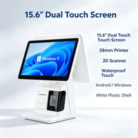 Terminal de Pago POS Blanco con Impresora Integrada de 58 mm, Escáner, Caja Registradora Autoservicio para Tiendas, Pantalla Táctil Dual de 15.6 Pulgadas