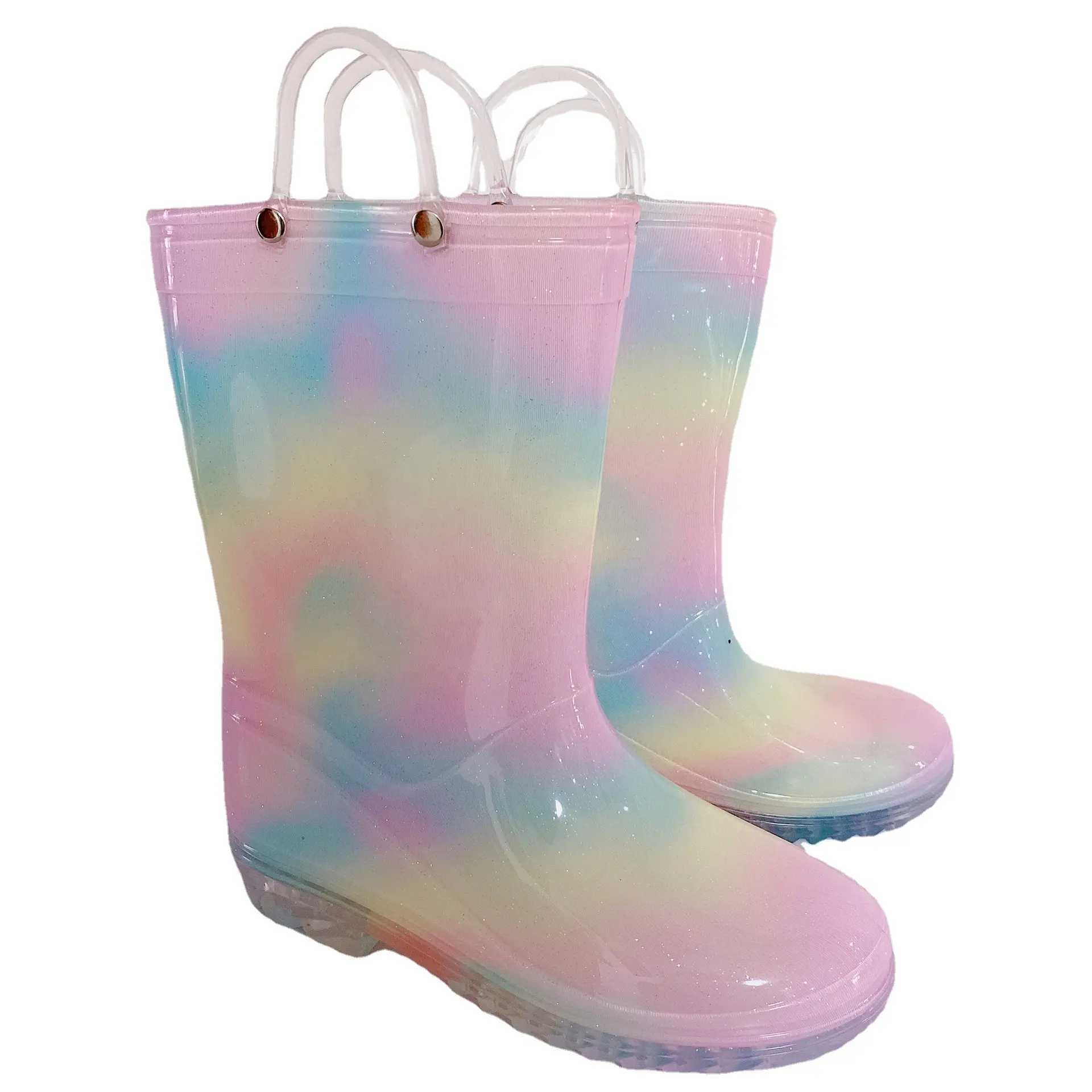 Botas de lluvia reutilizables para niños, bonitas botas de goma de PVC con mango, gumboots de colores, listo para enviar, venta al por mayor