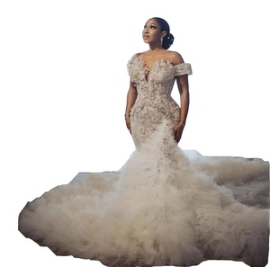 Nuevo Vestido de Novia Blanco con Hombros Descubiertos y Volantes para Mujer 2025, Vestido de Novia de Sirena de Lujo con Mangas de Malla y Perlas Personalizado para Dama - Product Image 2