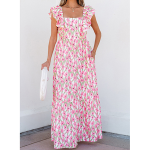 Sevgili-sevgilisi toptan moda butik giyim kadınlar Vestido Boho Bohemian çiçek baskılı büzgülü kısa kollu uzun Maxi elbise - Product Image 4