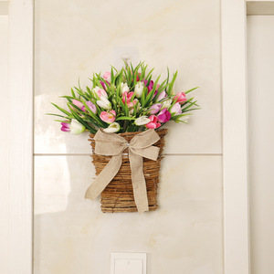 Cross-border new style tulip wall hanging <strong>wreath</strong> home decoration artificial flower woven basket wall decor <strong>door</strong> <strong>hanger</strong> - Product Image 2