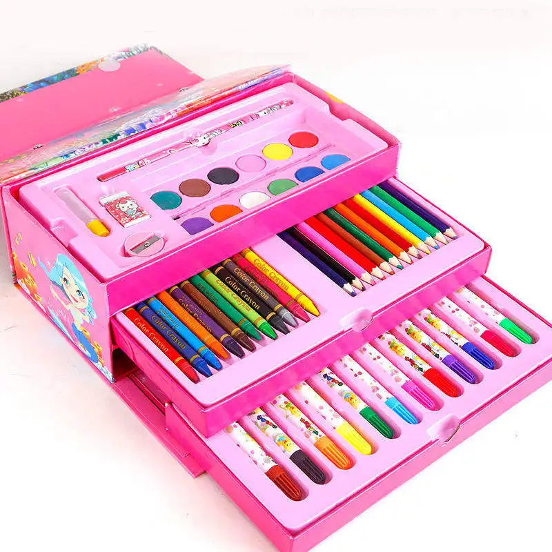 Kotak plastik anak tidak beracun kualitas tinggi pensil warna pena cat air Set lukisan gambar seni 208 buah dengan Kit sandaran