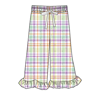 Nuovi <span class=keywords><strong>Pantaloni</strong></span> <span class=keywords><strong>Larghi</strong></span> alla Moda per Bambine con Orlo a Volant, Abbigliamento Casual, Basso MOQ, <span class=keywords><strong>Pantaloni</strong></span> a Quadri e a Righe in Maglia per Bambini - Product Image 4