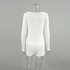 QINSI Casual <span class=keywords><strong>pigiama</strong></span> <span class=keywords><strong>bianco</strong></span> da <span class=keywords><strong>donna</strong></span> Set O collo a maniche lunghe Top solido Shorts Loungewear da <span class=keywords><strong>donna</strong></span> Set <span class=keywords><strong>pigiama</strong></span> traspirante da <span class=keywords><strong>donna</strong></span> - Product Image 5