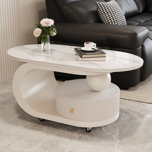Wan Yusen Marble Coffee <b>Table</b> Oval White Movable Storage Living Room <b>Sofa</b> Side <b>Table</b> - Product Image 4