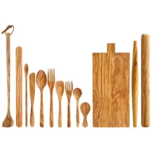 Olive Wood Kitchen Utensils Set Natural Olive Wooden Cutting Board Spoons Spatulas for Cooking and Serving Kitchen Utensil Tools