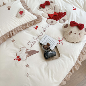 Cute <strong>Teddy</strong> <strong>Bear</strong> Cartoon Girl Heart All Cotton Washed Cotton Four Piece <strong>Set</strong> With <strong>Teddy</strong> <strong>Bear</strong> Sticker and Embroidered Lotus Leaf - Product Image 4